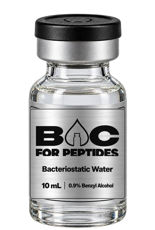 10 mL BAC for Peptides bacteriostatic water vial with a brushed-silver label